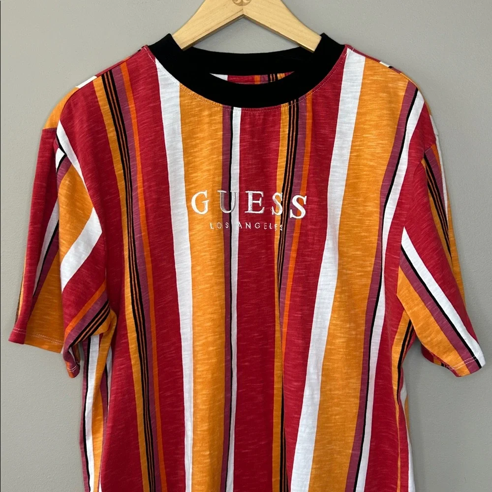 Guess Men’s Multicolor Striped Tee Size Small Red Orange Pink White Black - Picture 3 of 7